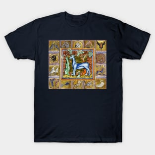 MEDIEVAL BESTIARY,UNICORN,FANTASTIC ANIMALS IN GOLD RED BLUE COLORS T-Shirt